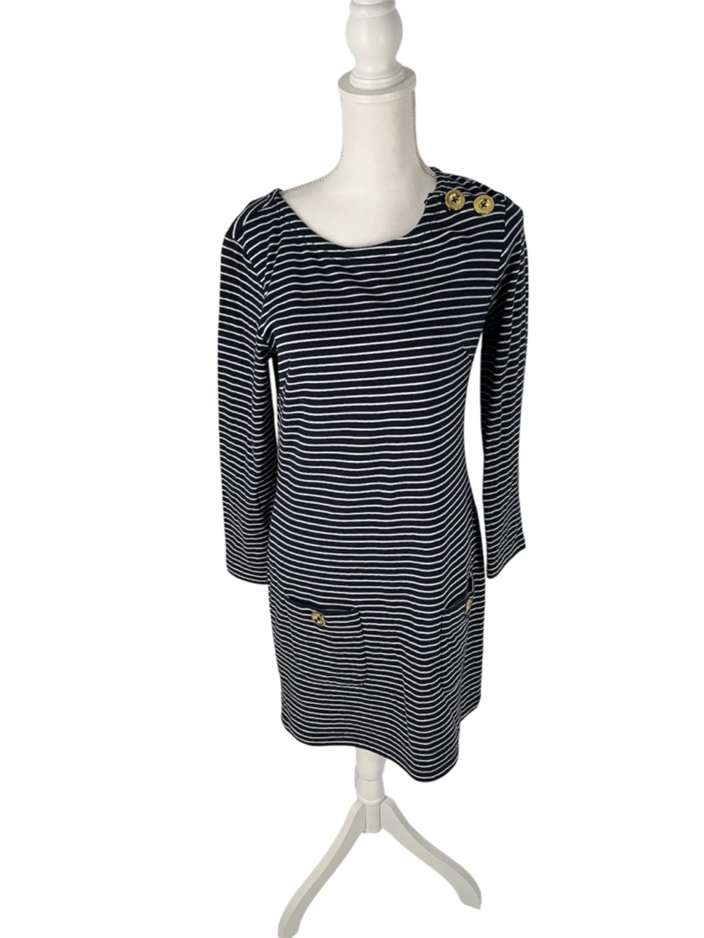 STS Sail to Sabel Navy White Striped Sweater Dress XS Gold Buttons